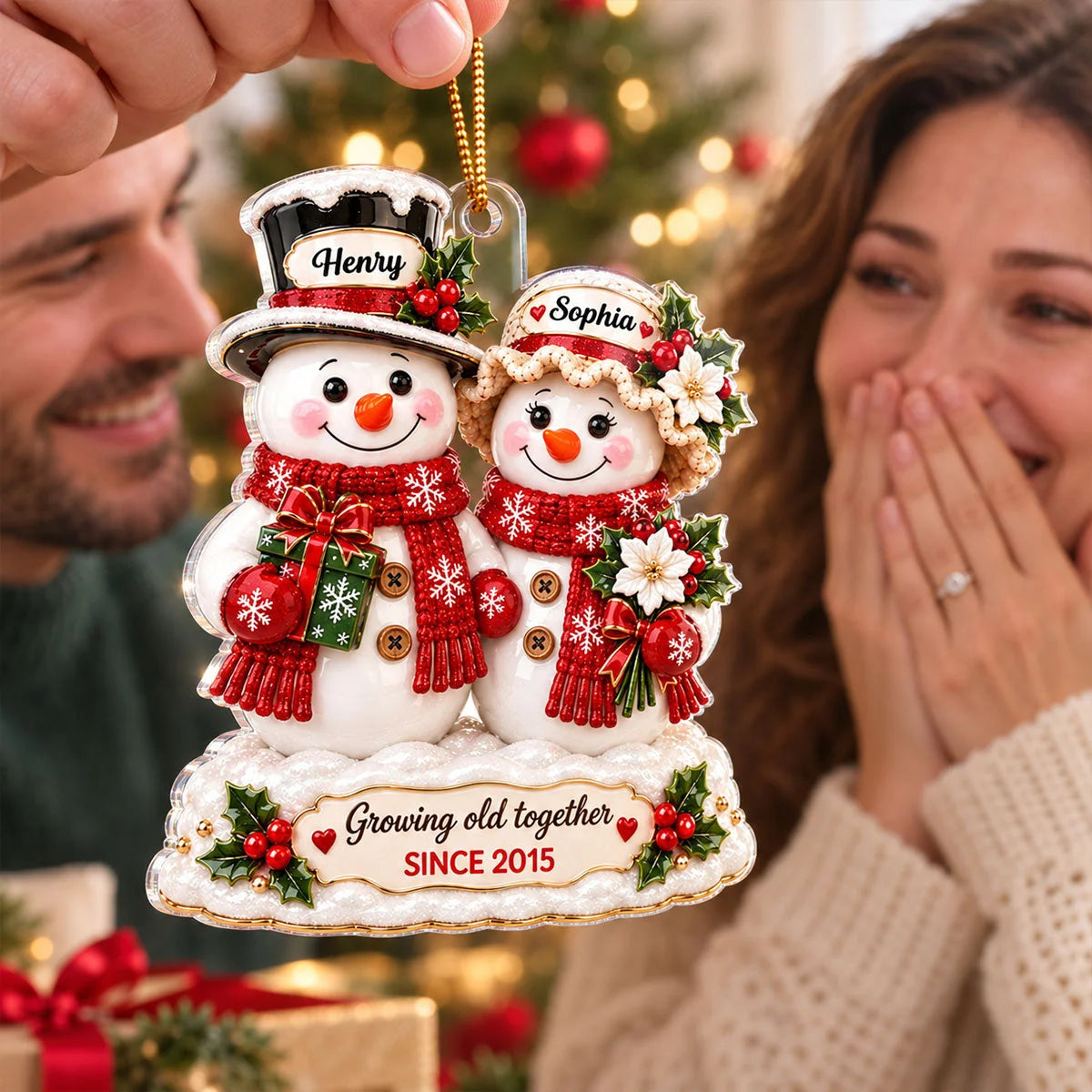 "Growing Old Together" Snowman Couple Personalized Acrylic Ornament - Christmas Gift for Couples