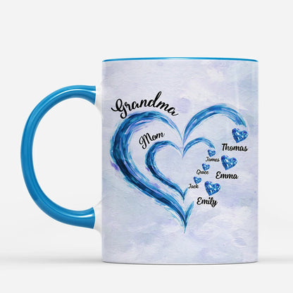 Personalized Grandma Coffee Mug with Custom Kids Names - Heart Watercolor Design Gift for Mom and Grandma