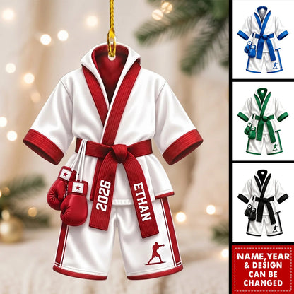 Custom Boxing Robe Christmas Wooden Ornament - Personalized Name & Year Fighter Xmas Tree Decor