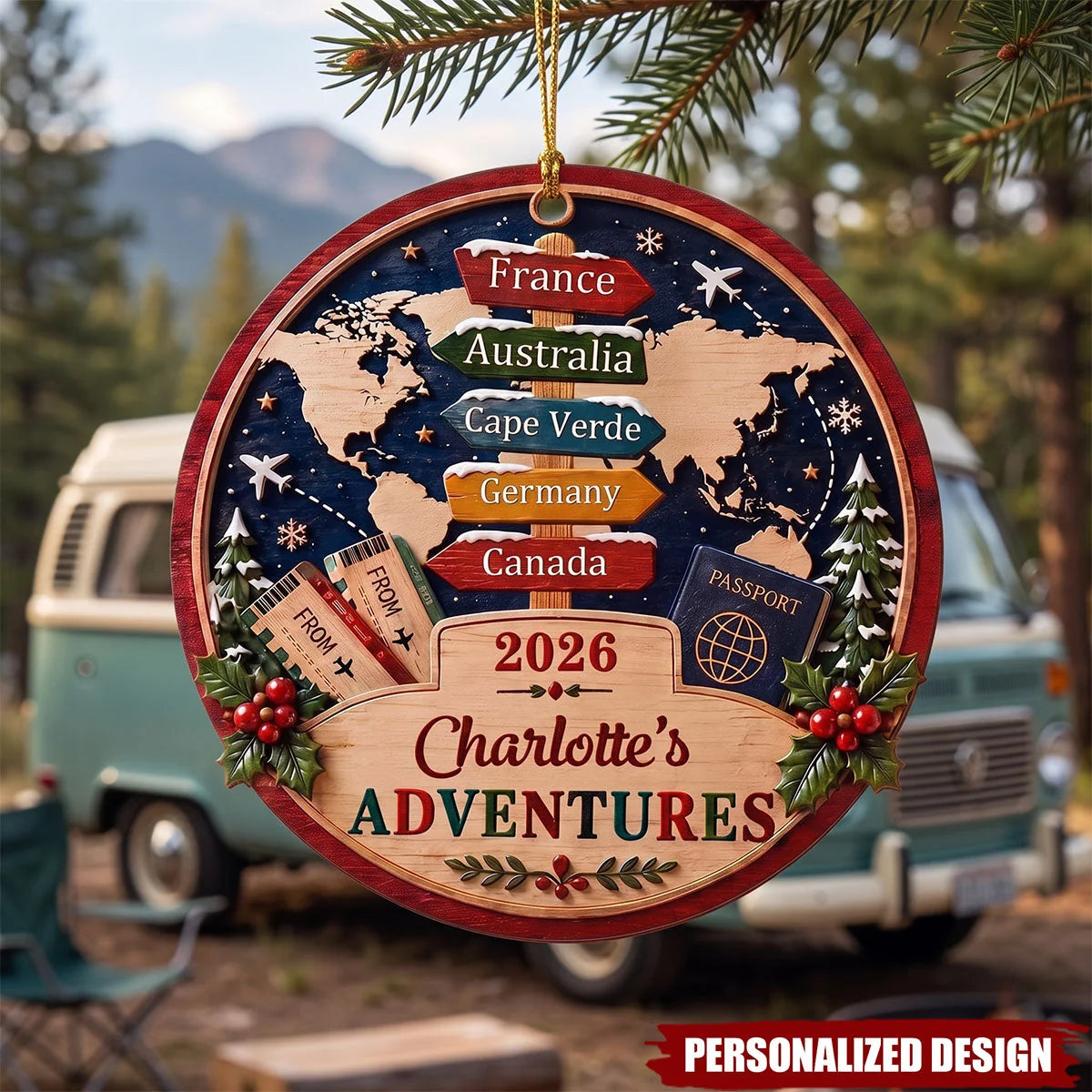 Custom Adventures Christmas Ornament - Personalized World Traveler Wooden Vacation Keepsake