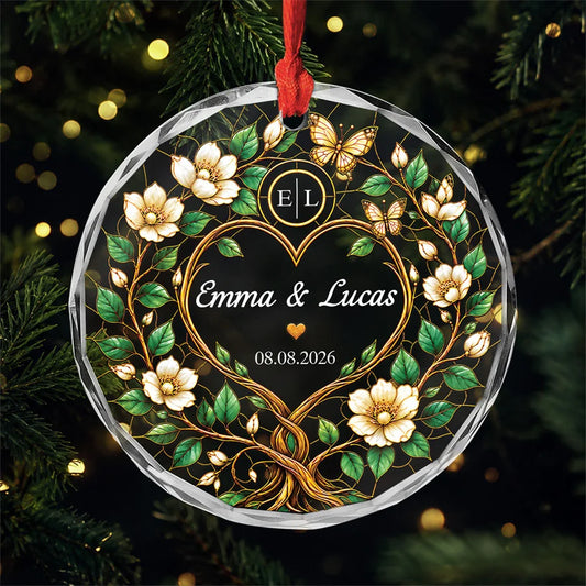 Floral Heart Monogram Personalized Glass Ornament - Custom Wedding and Anniversary Keepsake Gift for Couples
