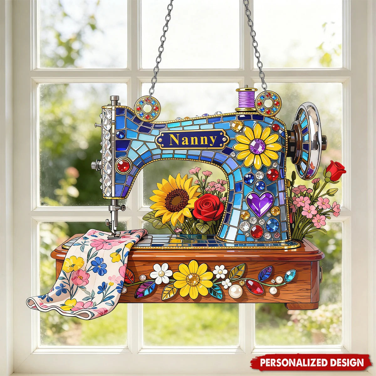 Personalized Sewing Suncatcher Ornament - Custom Floral Machine Window Decor Gift for Sewing Lovers