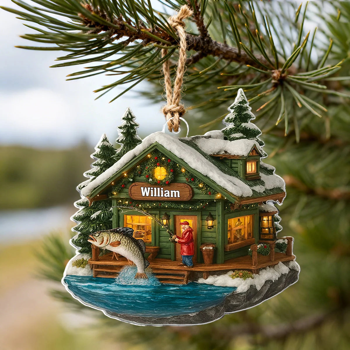 Personalized Fishing Cabin Acrylic Ornament – Custom Name, Christmas Gift for Dad, Husband, or Angler