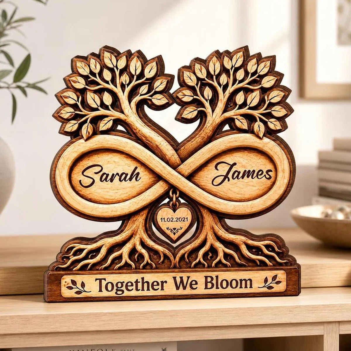 Together We Bloom Infinity Tree Personalized Wooden Block - Custom Anniversary & Wedding Keepsake Gift for Couples