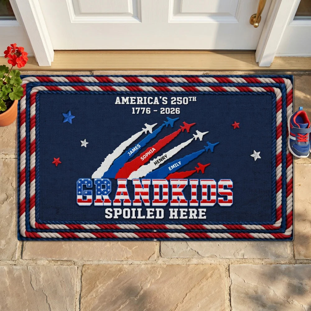 Custom grandkids spoiled here doormat featuring patriotic jet fighters and grandchildren names for grandparents