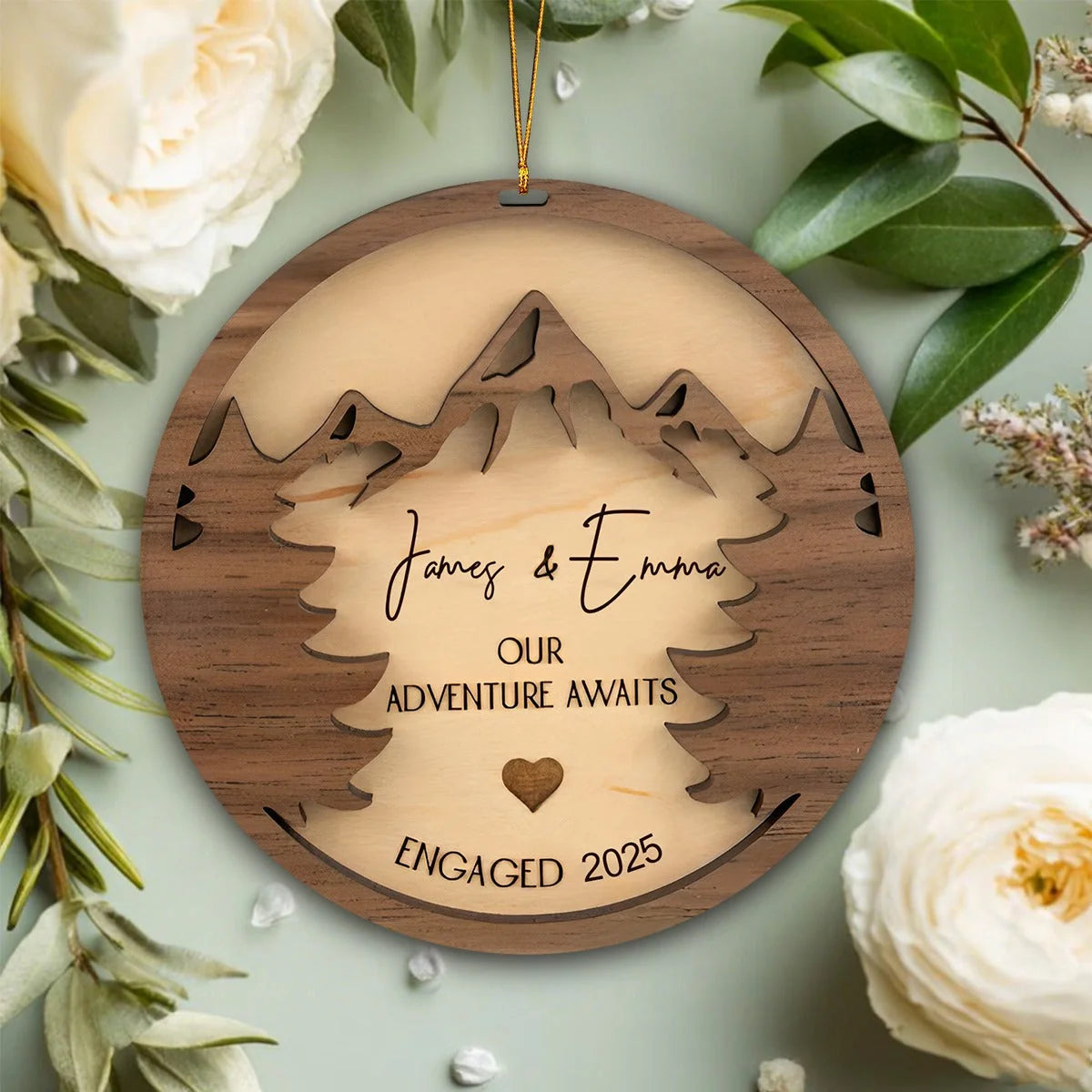 "Our Adventure Awaits" Custom Engagement Wooden Ornament - Personalized Keepsake Gift for Couples