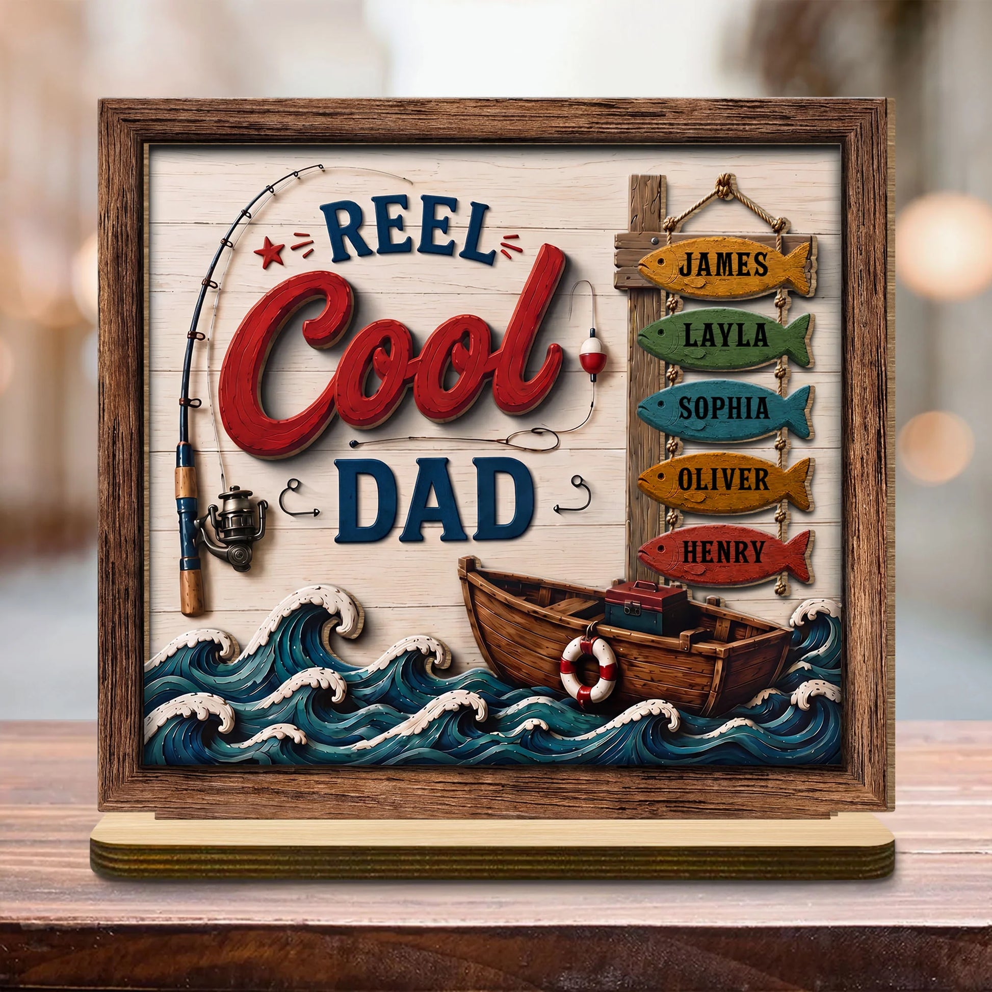 Personalized fishing gift for dad wood plaque with custom kids name fish tokens on a wooden base image 6
