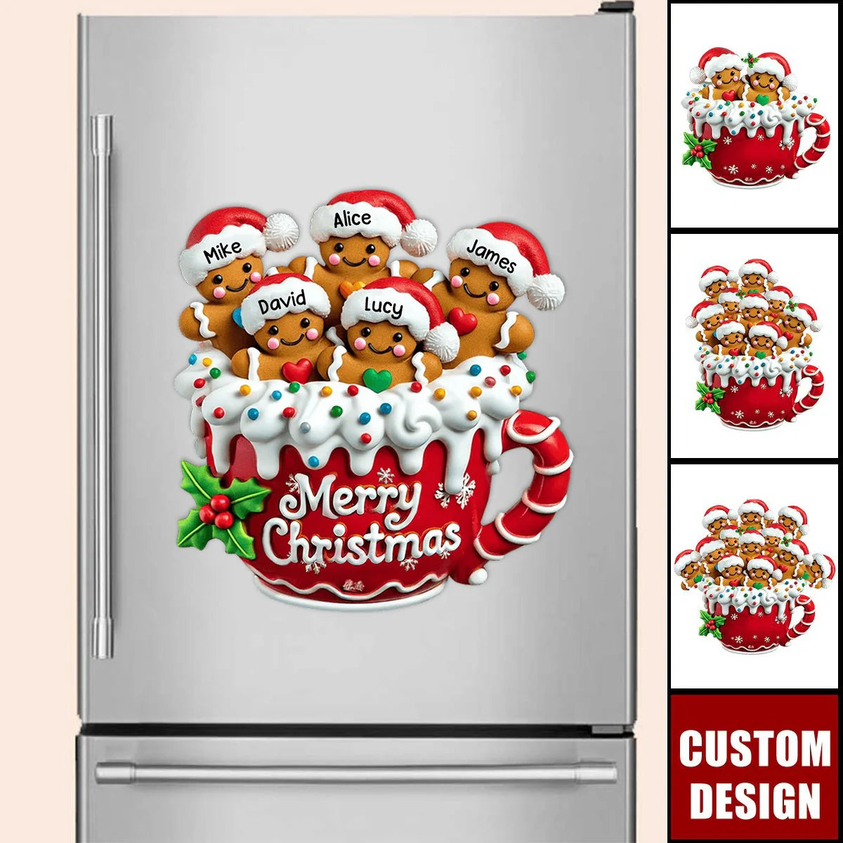 Custom Christmas decal with personalized gingerbread family names on a festive red mug sticker for refrigerator decoration