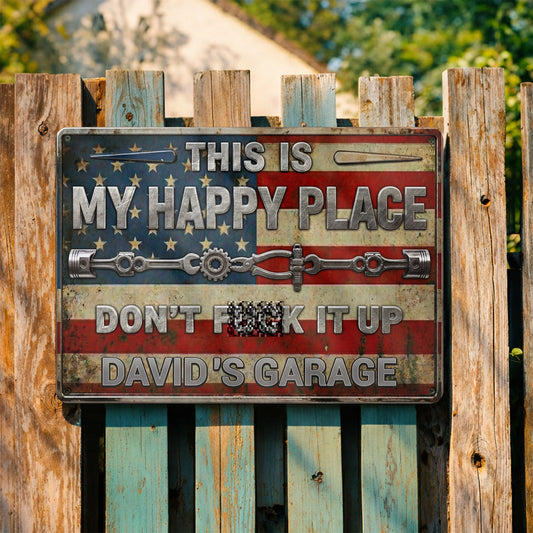 This Is My Happy Place Personalized Metal Sign - Custom American Flag Garage Decor