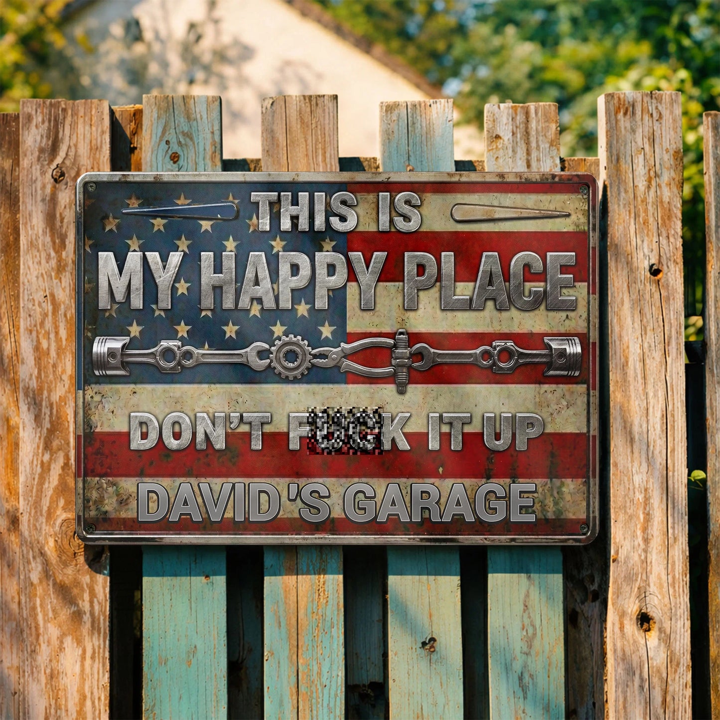 This Is My Happy Place Personalized Metal Sign - Custom American Flag Garage Decor
