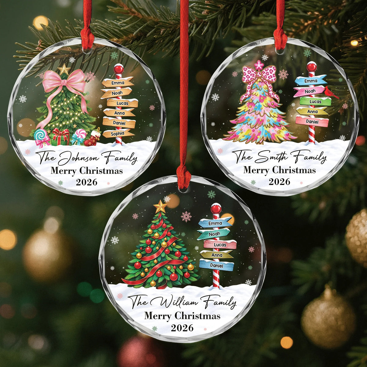 Merry Christmas Family Name Signpost - Personalized Glass Ornament Keepsake Gift
