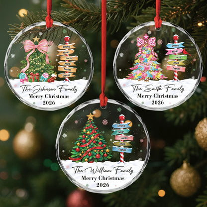 Merry Christmas Family Name Signpost - Personalized Glass Ornament Keepsake Gift