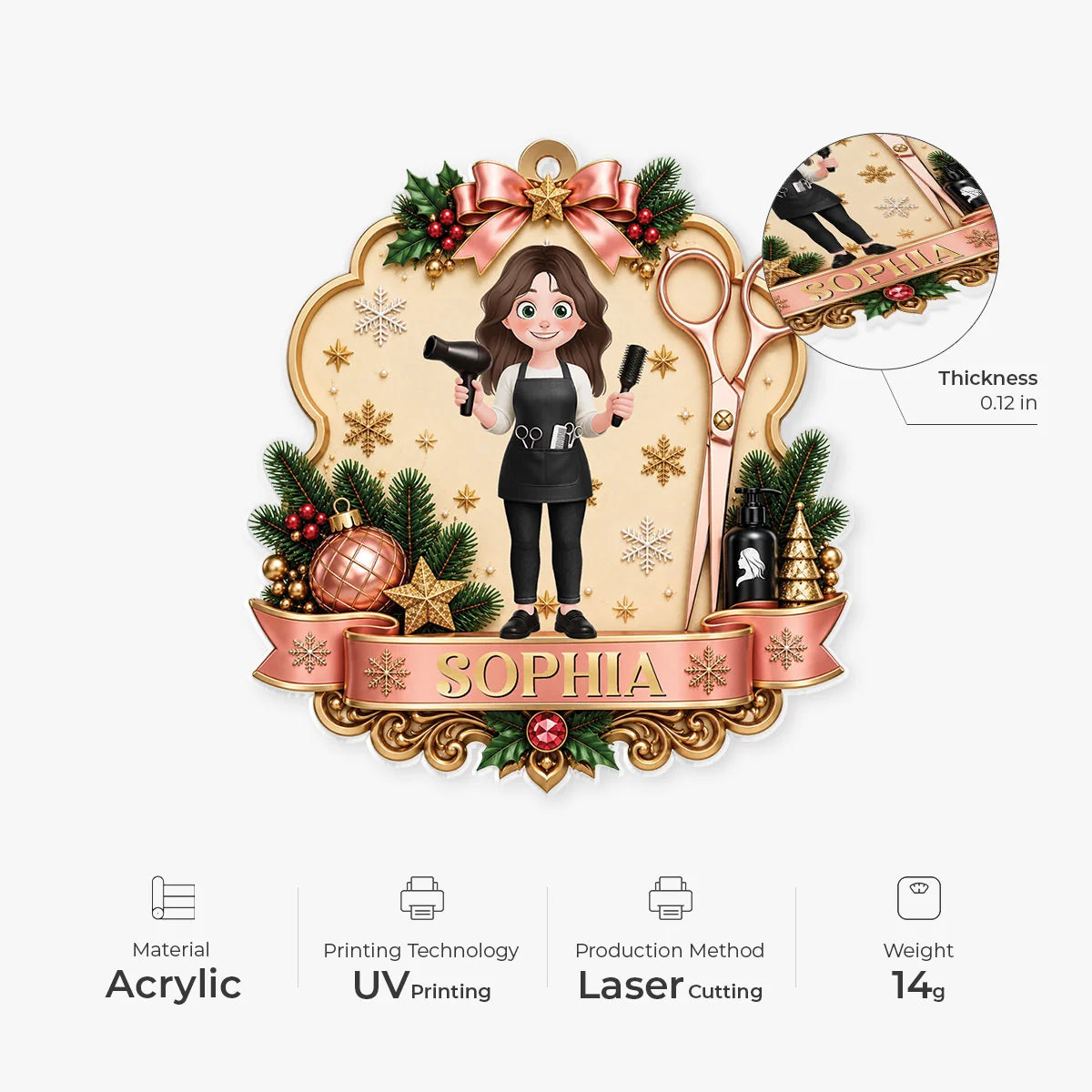 Personalized Hairdresser Acrylic Christmas Ornament - Custom Hairstylist Barber Gift