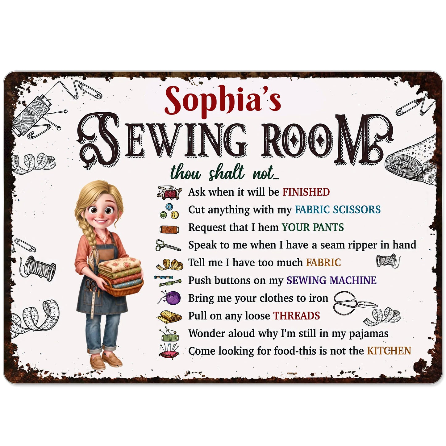 Personalized sewing room rules metal sign with funny rules and custom name for craft room wall decor image 10