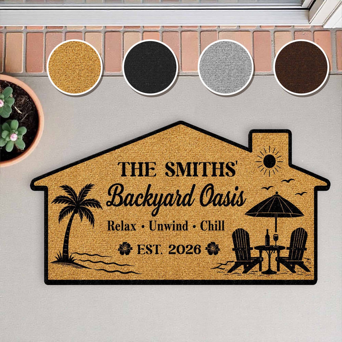 Custom shaped welcome mat featuring beach chairs and palm trees for front porch decor. image 9