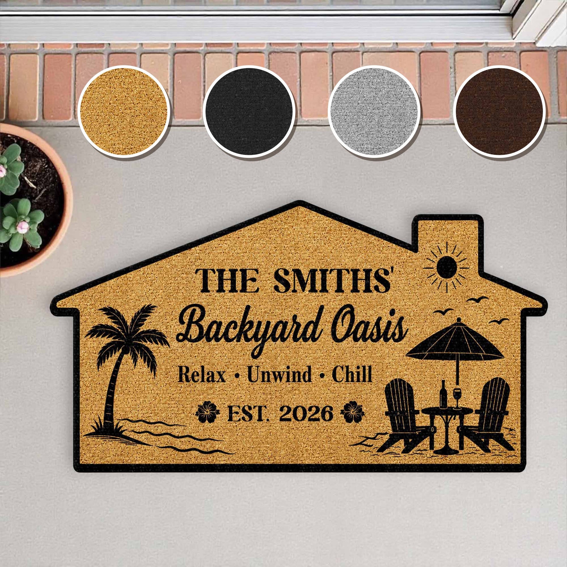 Custom shaped welcome mat featuring beach chairs and palm trees for front porch decor. image 9