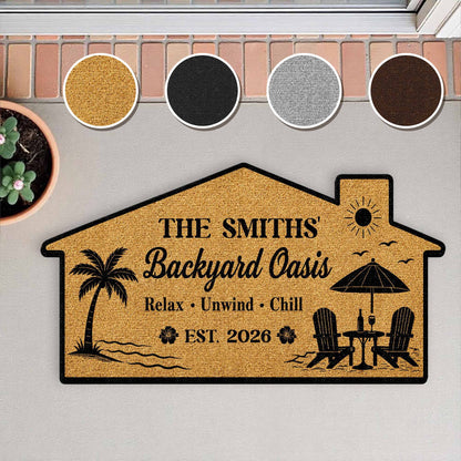 Custom shaped welcome mat featuring beach chairs and palm trees for front porch decor. image 9