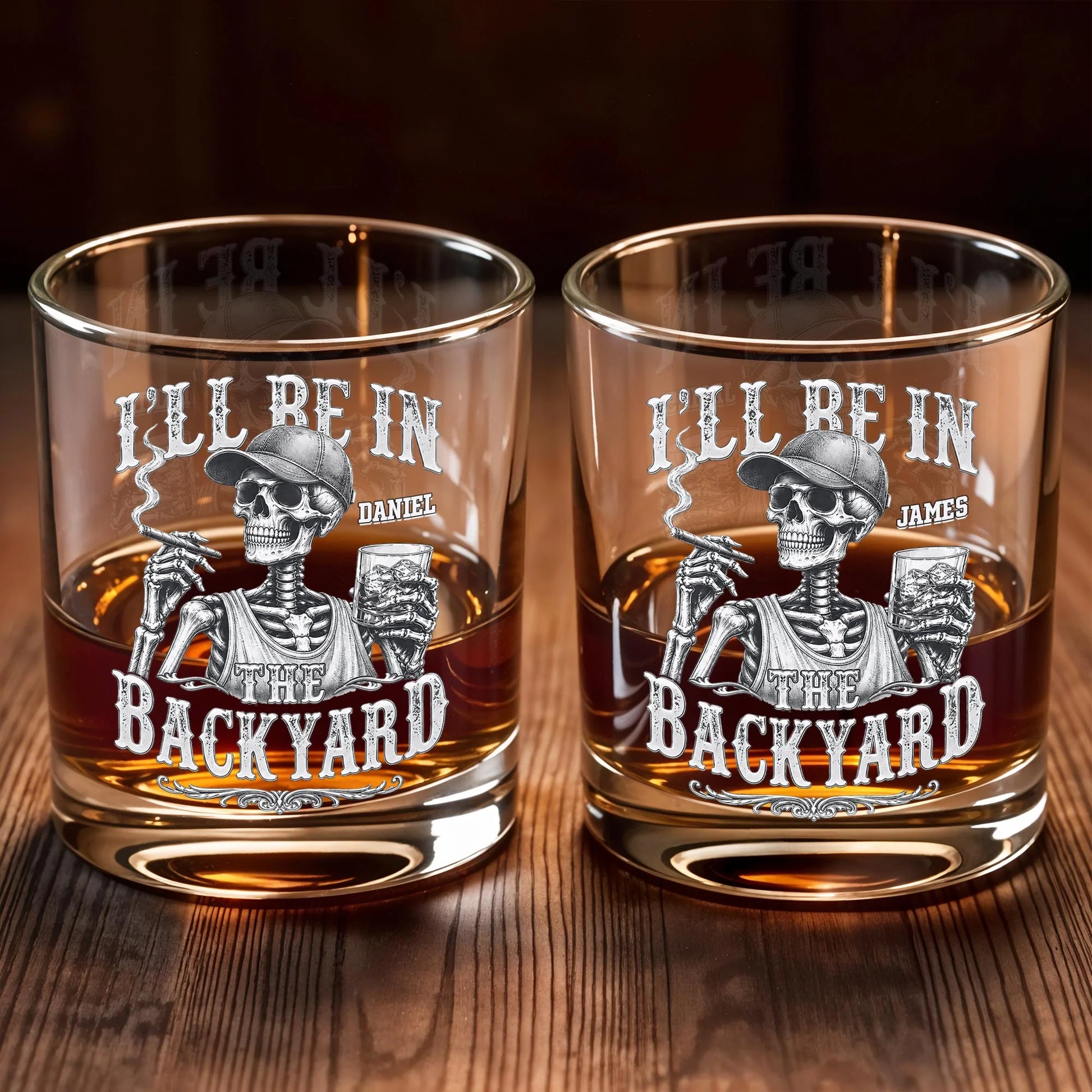 Personalized whiskey glass with I'll Be In The Backyard skeleton cigar design custom gift for men image 7