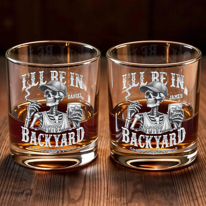 Personalized whiskey glass with I'll Be In The Backyard skeleton cigar design custom gift for men image 7