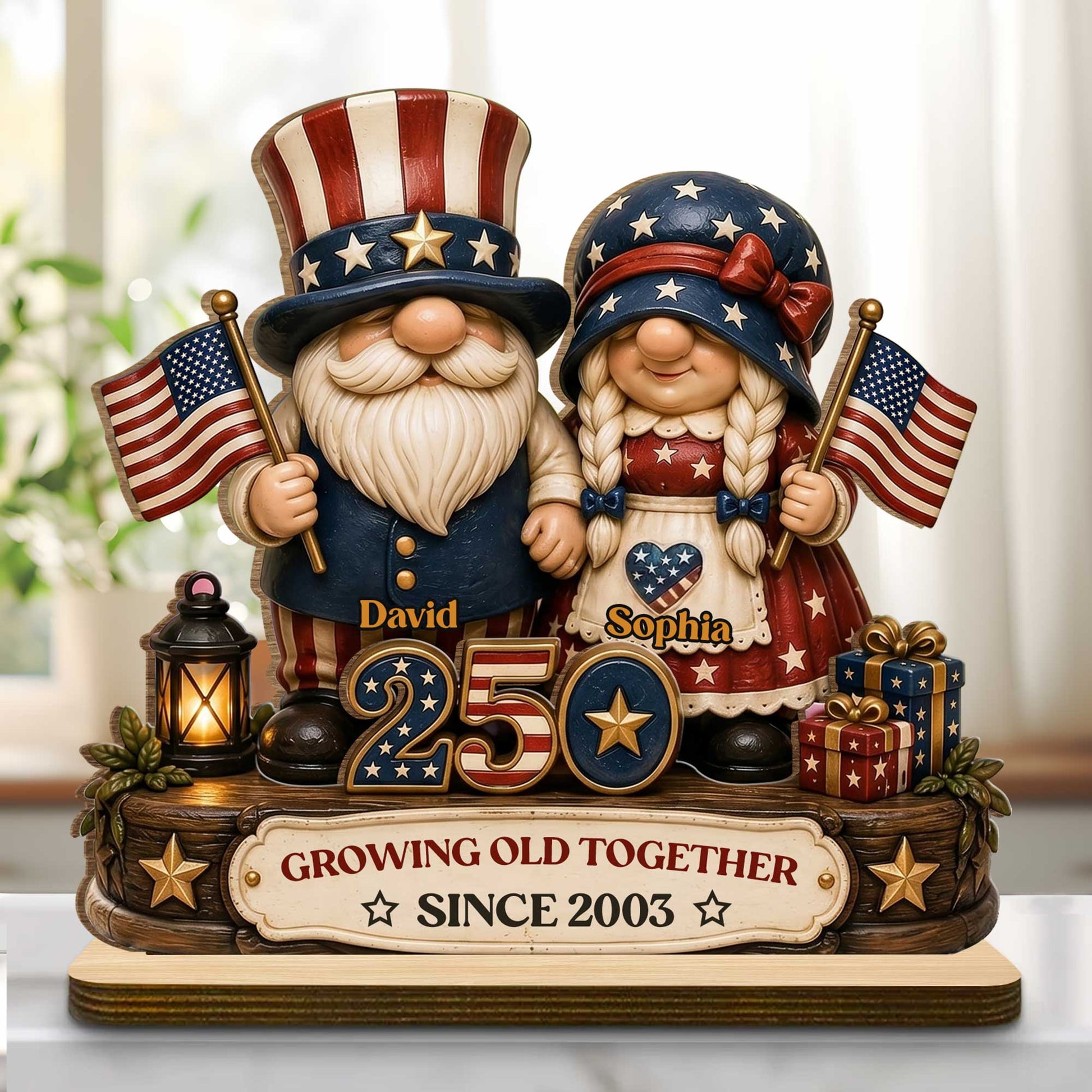 Custom Patriotic Gnomes Wood Plaque for Wife with personalized design details for meaningful gifting