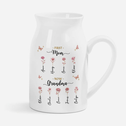 "First Mom, Now Grandma" Personalized Ceramic Flower Vase - Custom Birth Flowers Gift for Mom