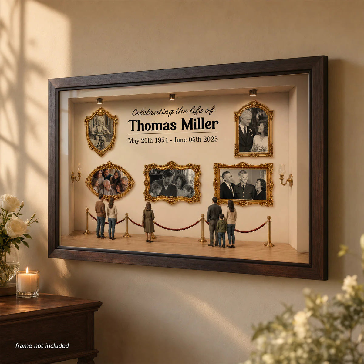 Custom loss of loved one memorial canvas showing family photos inside an art gallery setup.