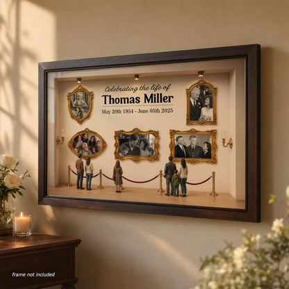 Custom loss of loved one memorial canvas showing family photos inside an art gallery setup.