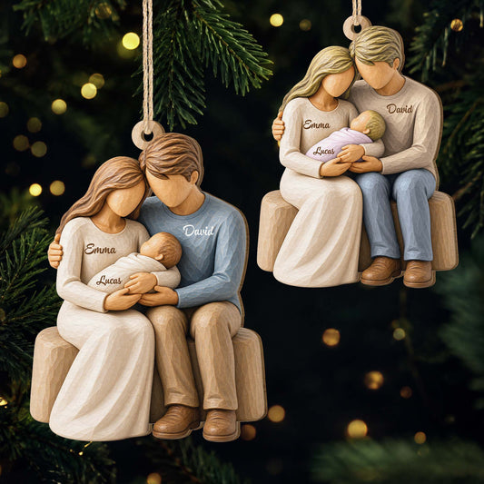 Custom Baby and Parents Wooden Ornament - Personalized Family Keepsake for First Christmas and New Moms