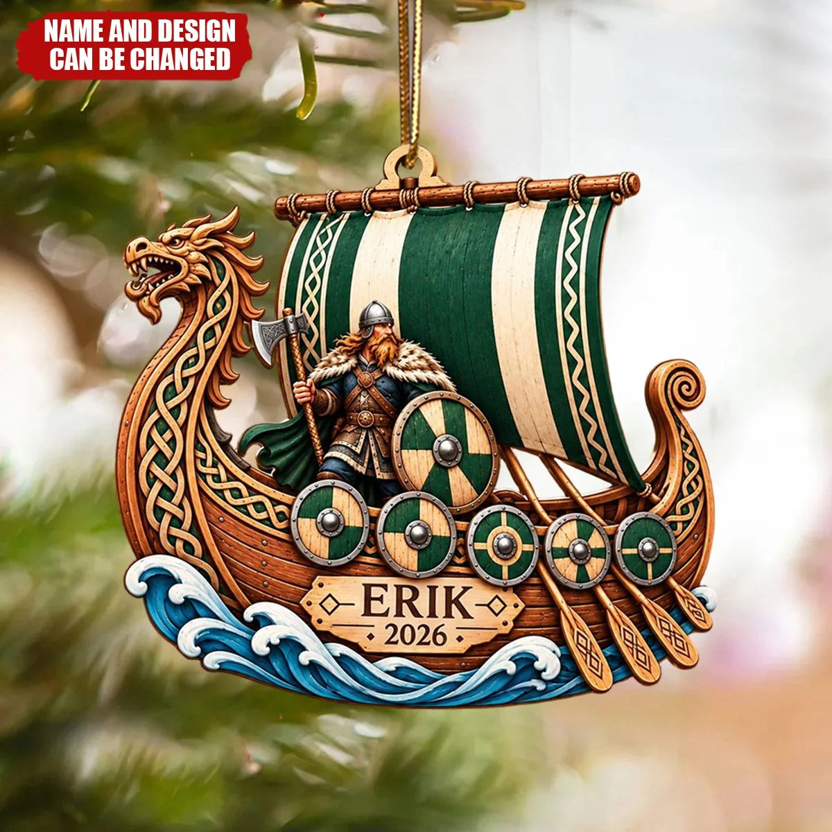 Personalized Viking Longship Christmas Wooden Ornament - Custom Norse Warrior Gift for Men