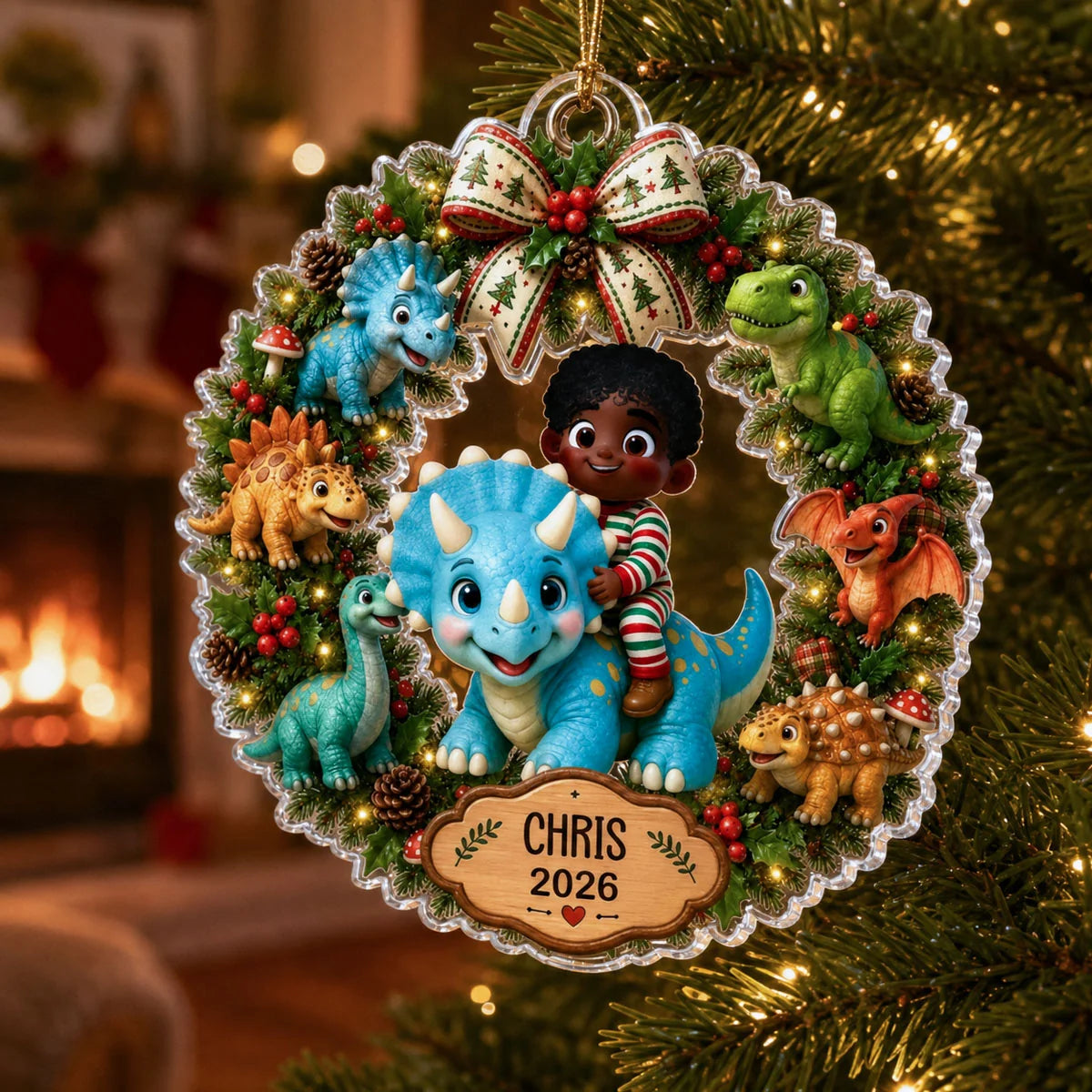 Cute Dinosaur Wreath Personalized Acrylic Ornament - Custom Christmas Keepsake Gift for Kids