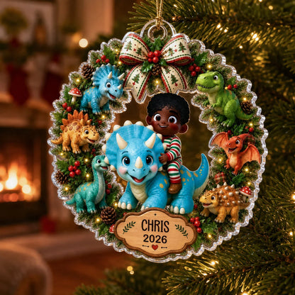 Cute Dinosaur Wreath Personalized Acrylic Ornament - Custom Christmas Keepsake Gift for Kids
