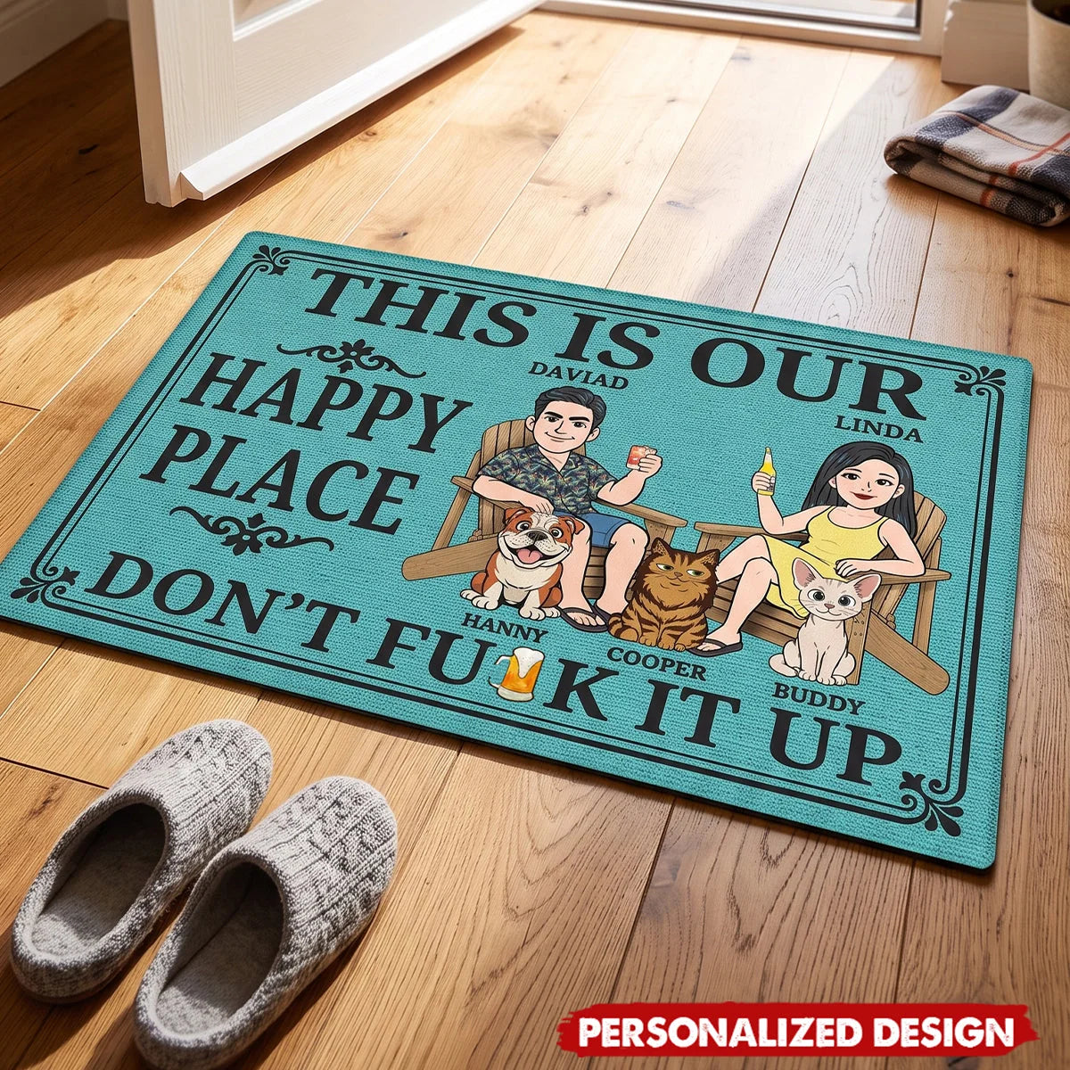 This Is Our Happy Place Don't Fck It Up - Personalized Couple Doormat with Pets Custom Welcome Mat