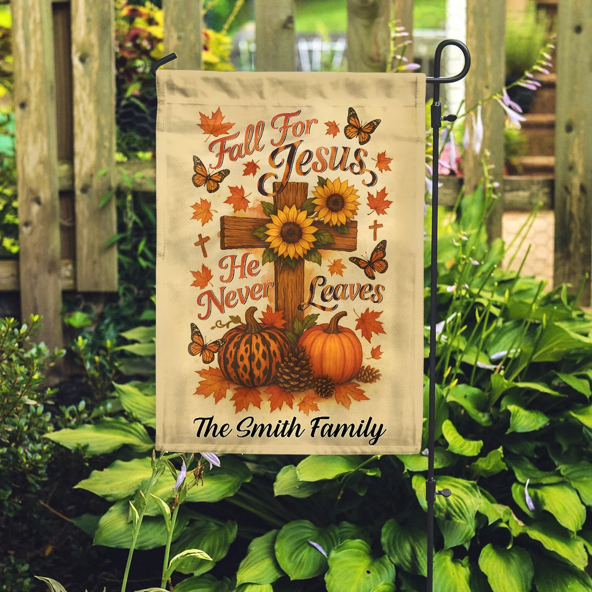 "Fall For Jesus He Never Leaves" Personalized Garden Flag - Custom Christian Family Gift