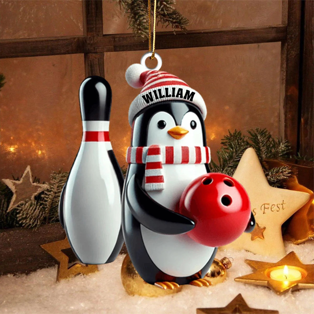 Cute Penguin Bowling Christmas Keepsake - Personalized Wooden Ornament for Bowlers