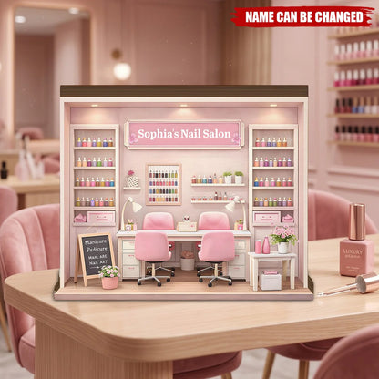 Custom nail salon wooden plaque with personalized name banner and miniature manicure studio display design