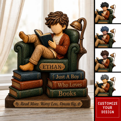 "Just A Boy Who Loves Books" Personalized Wooden Block - Custom Reading Room Decor Keepsake Gift
