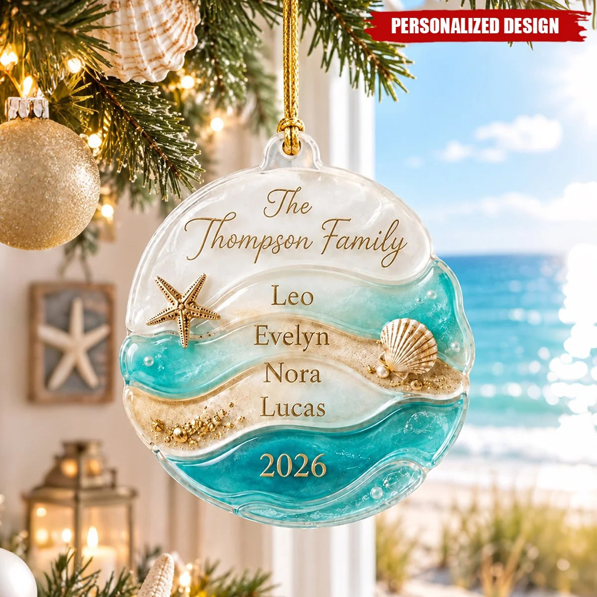 Coastal Ocean Waves Custom Family Beach Ornament - Personalized Keepsake Christmas Holiday Decor for Family