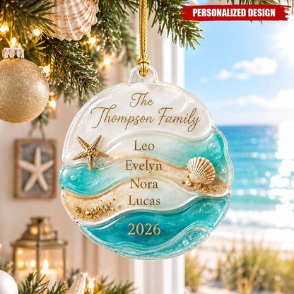 Coastal Ocean Waves Custom Family Beach Ornament - Personalized Keepsake Christmas Holiday Decor for Family