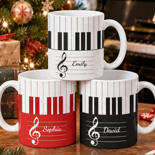 Piano Keys Sheet Music Custom Name Mug - Personalized Ceramic Coffee Cup for Musician Pianist & Music Teacher Gift
