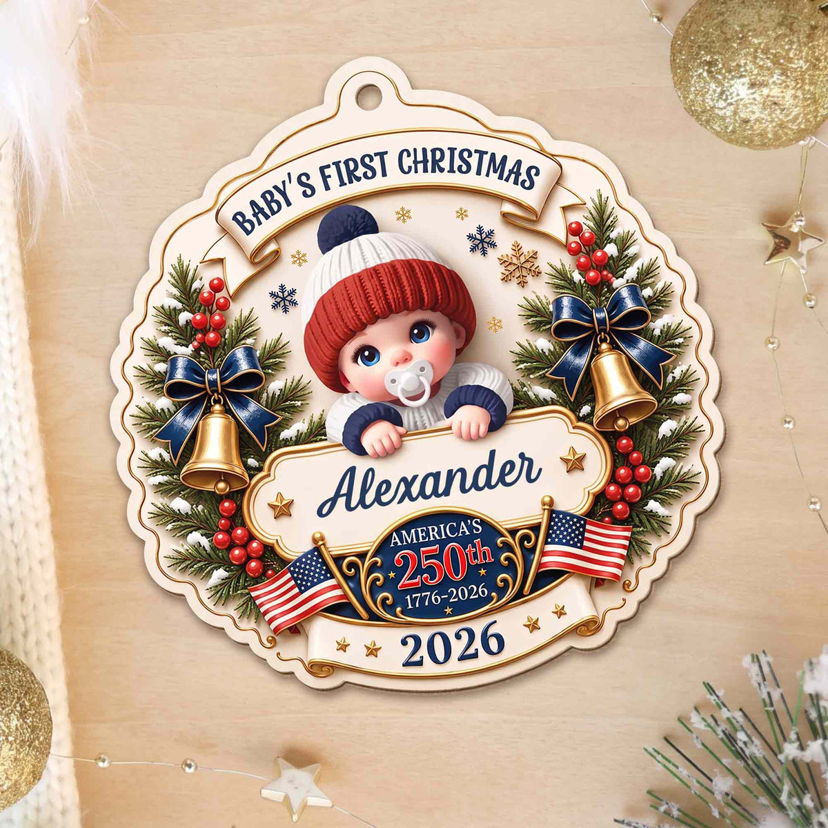 "Baby’s First Christmas" Personalized Wooden Ornament - America’s 250th Anniversary Keepsake for New Parents