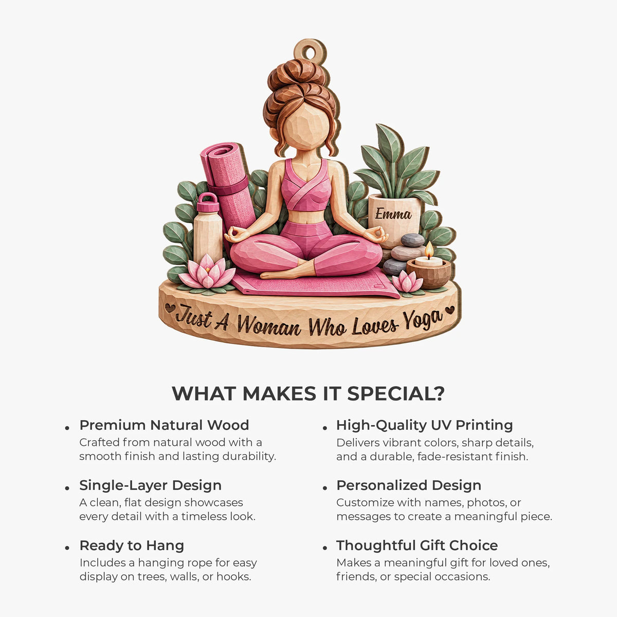 Just A Woman Who Loves Yoga Personalized Wooden Ornament - Custom Meditation Christmas Keepsake for Yogis