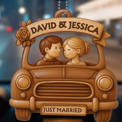 Just Married, Couple In Car With Rose