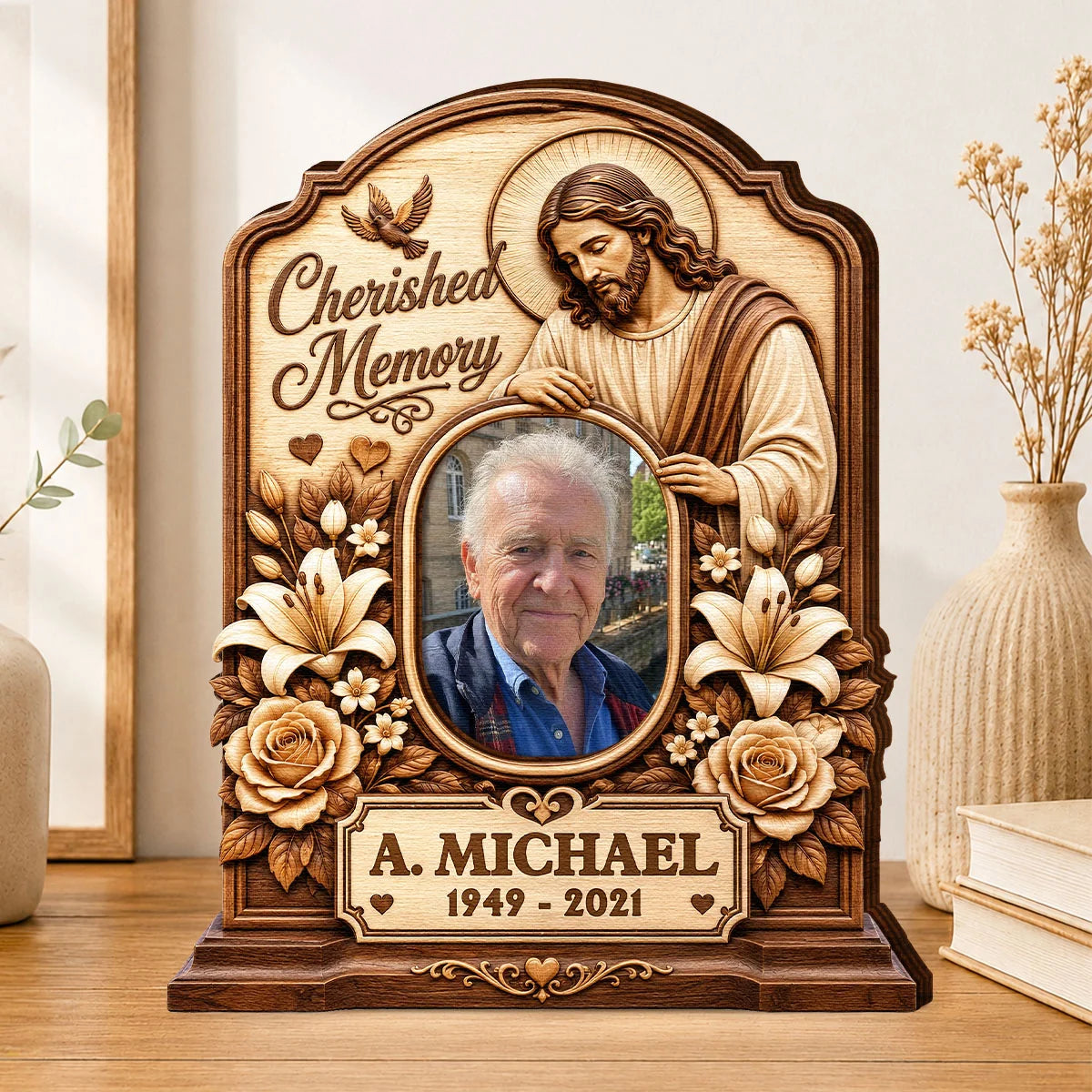 Cherished Memory Personalized Jesus Memorial Wooden Block - Custom Photo Remembrance Tribute Gift for Family