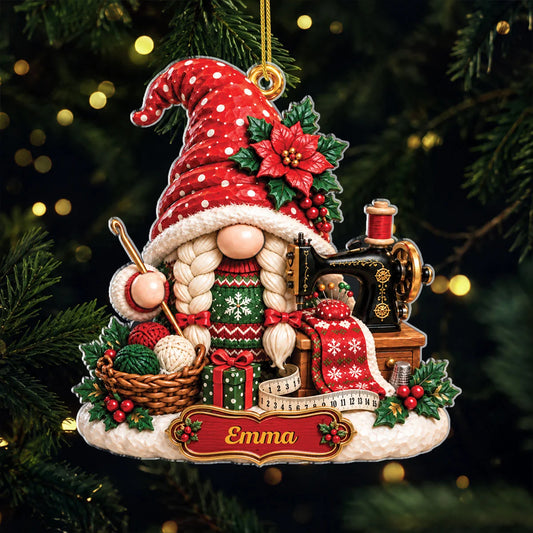 Christmas Sewing Gnome Personalized Acrylic Ornament - Holiday Keepsake Gift for Crafters