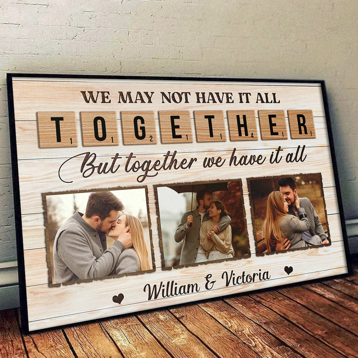 Personalized couple photo canvas featuring custom pictures and names with faux rustic wooden tile text elements. image 7