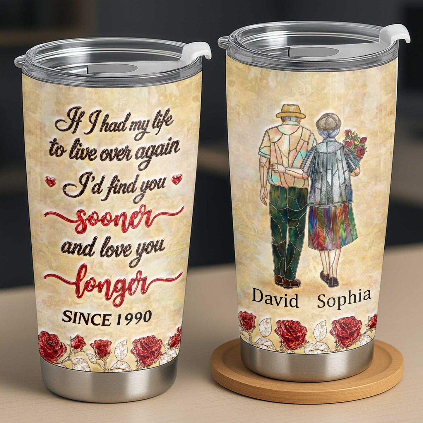 Personalized couple tumbler with stained glass style old couple art and custom names for anniversary gift image 7