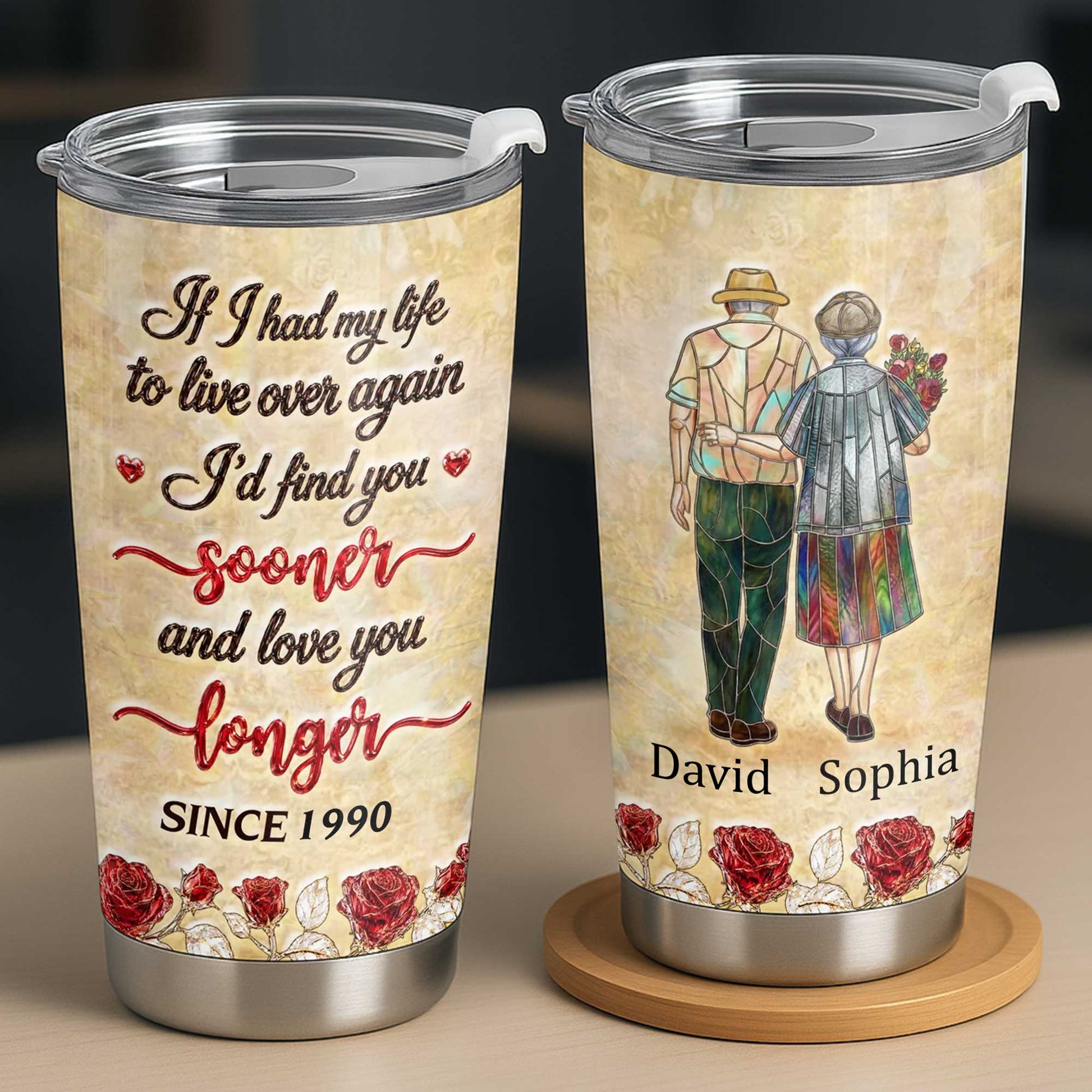 Personalized couple tumbler with stained glass style old couple art and custom names for anniversary gift image 7