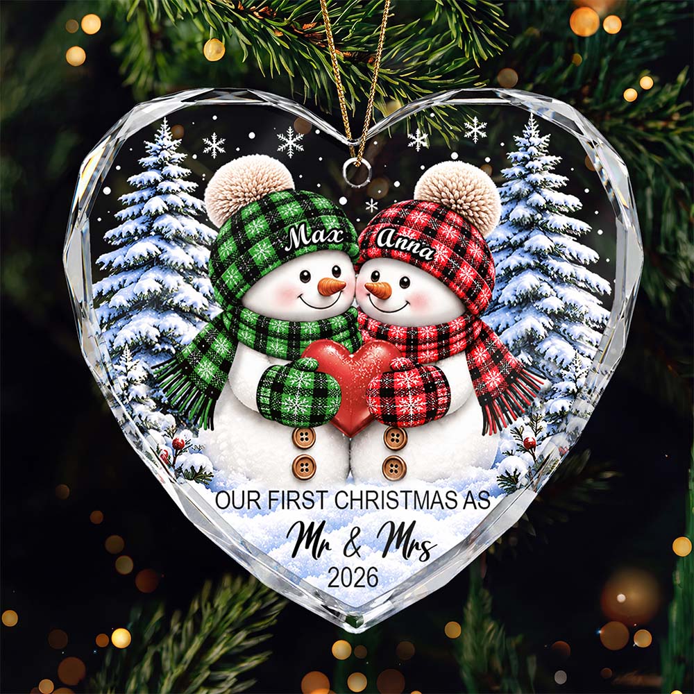 "Our First Christmas Married" Custom Glass Heart Ornament - Personalized Couple Snowman Holiday Keepsake