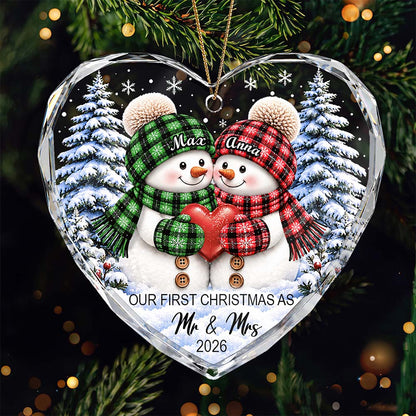 "Our First Christmas Married" Custom Glass Heart Ornament - Personalized Couple Snowman Holiday Keepsake