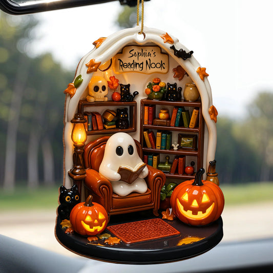 Custom Reading Nook Ghost Wood Ornament for Cat Lovers with personalized design details for meaningful gifting